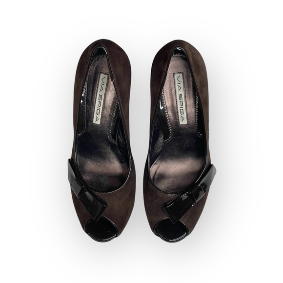 new Via Spiga ༄ Peep Toe Stiletto Heel Bow Pumps ༄ Suede Patent Leather ༄ Brown - Picture 8 of 16